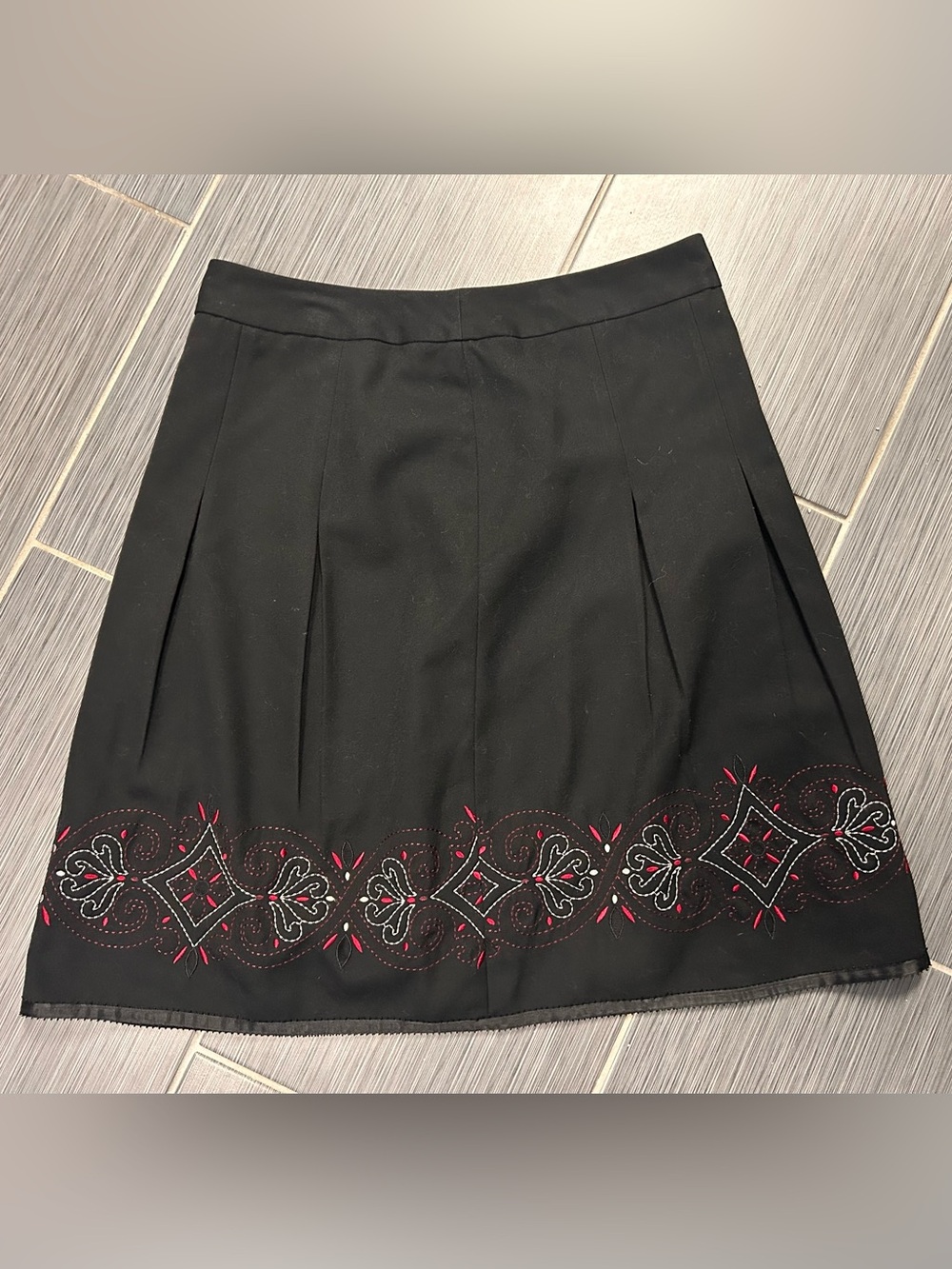 Loft Women’s Black Pleated Skirt with Embroidered Hem
